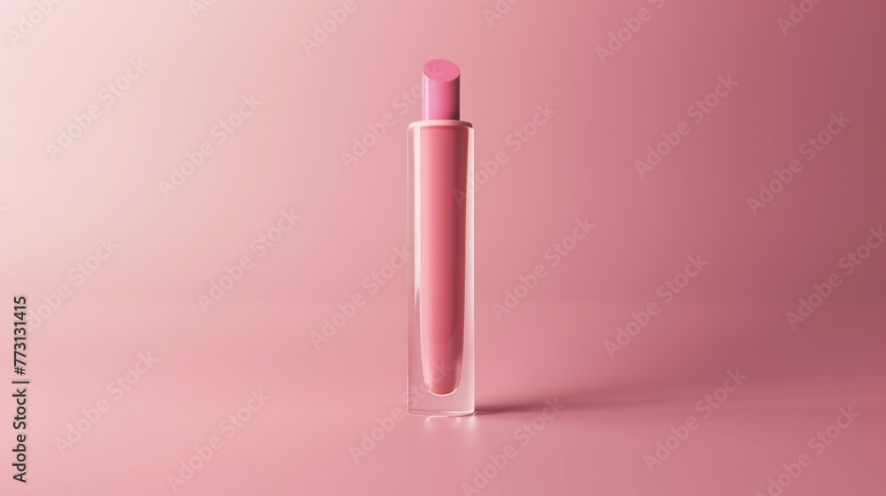 Lip gloss with a sample on a soft pink background with copy space. Cosmetic advertising background. Women's self-care and beauty. Lip gloss with a sample on a soft pink background with copy space. Cosmetic advertising background. Women's self-care and beauty.