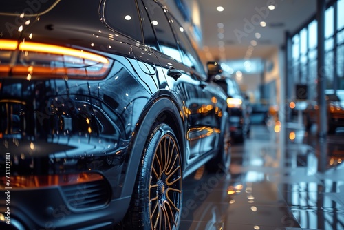 Luxury car dealership: Premium black off road SUVs in showcase
