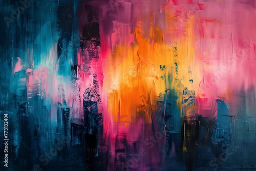 Colorful abstract painting with vivid pink, blue, and orange hues blending dynamically