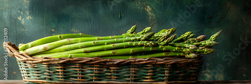 A basket filled to the brim with vibrant green, Bunch of raw asparagus stems with different spices 