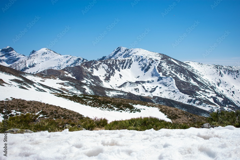 Landscape of the snowy Mountains of Palencia in Pozo de las Lomas, Spain