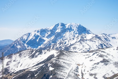 Landscape of the snowy Mountains of Palencia in Pozo de las Lomas, Spain