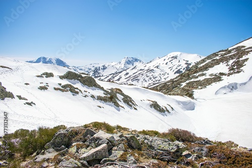 Landscape of the snowy Mountains of Palencia in Pozo de las Lomas, Spain
