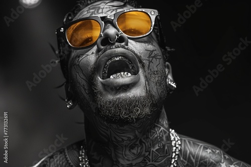 Rapper with face tattoos and golden grills on teeth wearing jewelry, black african-american