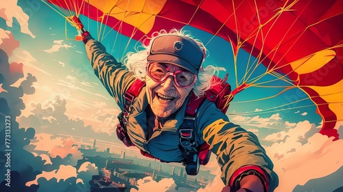 Old woman is skydiving with a big smile on his face. She has a red and yellow parachute and is wearing red goggles.