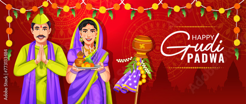 Vector illustration of Gudhi Padwa spring festival for the traditional New Year for Marathi and Konkani Hindus celebrated in Maharashtra poster design template