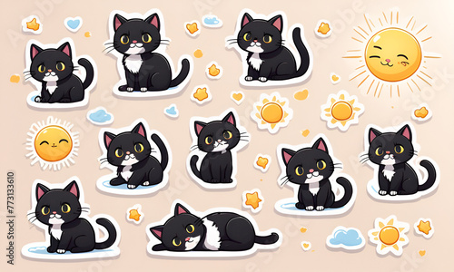 A little black cat lying in the sunshine, 9 postures and expressions, emoticons Emoji and ICON materials