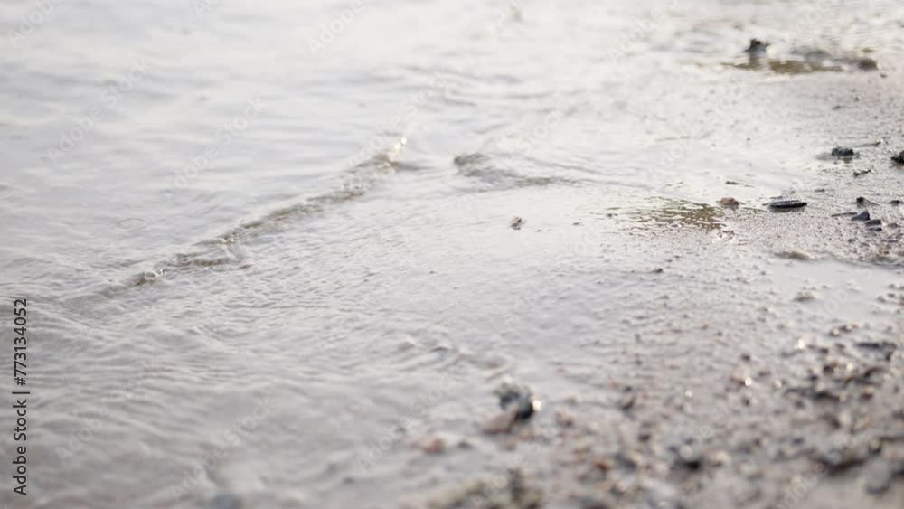 Closeup of the calm waves of the lake hitting the sandy shore Closeup of the calm waves of the lake hitting the sandy shore