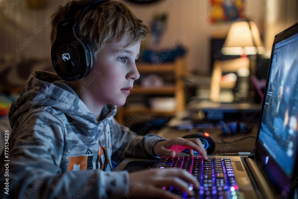 A focused young boy deeply engrossed in a competitive online gaming match A focused young boy deeply engrossed in a competitive online gaming match
