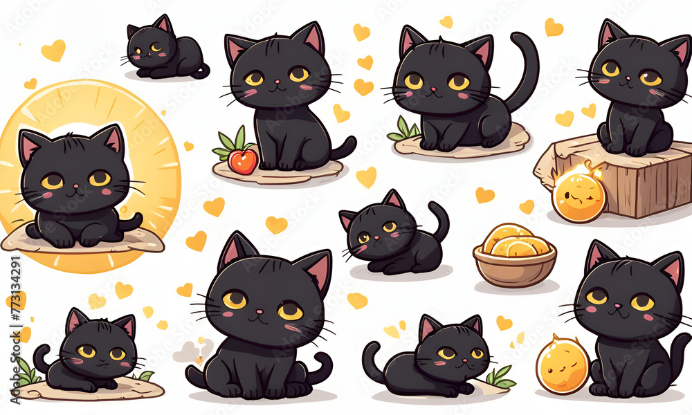 A little black cat lying in the sunshine, 9 postures and expressions, emoticons Emoji and ICON materials A little black cat lying in the sunshine, 9 postures and expressions, emoticons Emoji and ICON materials