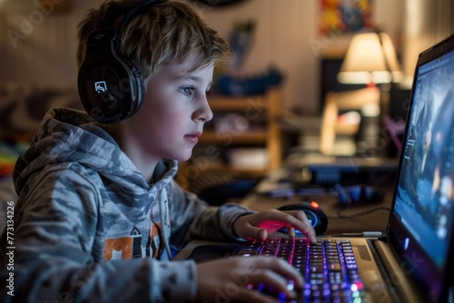 A focused young boy deeply engrossed in a competitive online gaming match