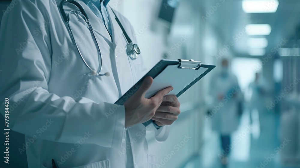 Close up of doctor with stethoscope in white coat holding clipboard while standing straight in hospital Close up of doctor with stethoscope in white coat holding clipboard while standing straight in hospital