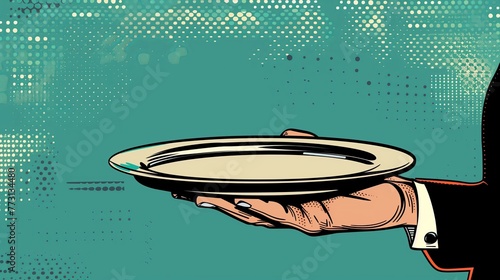 Waiter hand with empty tray in pop art style in green background photo