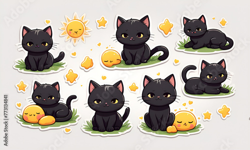 A little black cat lying in the sunshine   9 postures and expressions  emoticons Emoji and ICON materials