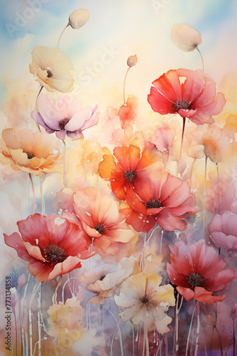 Vibrant watercolor painting of delicate poppy flowers in full bloom