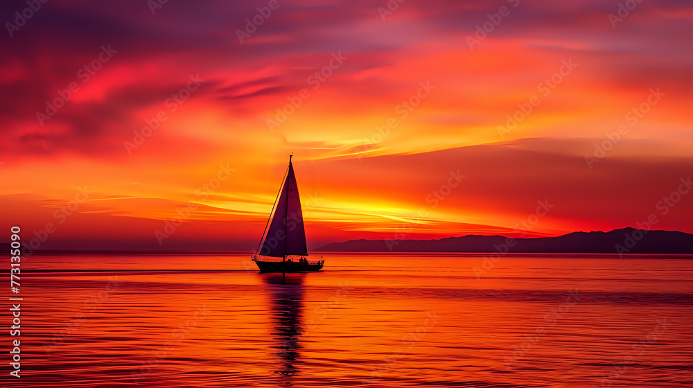 Tranquil Reflections: A Sunset Sail on Calm Waters