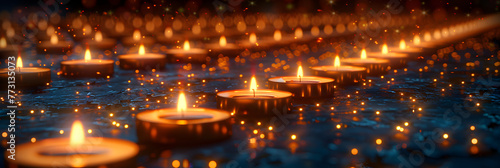 A huge number of lit candles arranged in neat rows  Diyas Illumination 3d image 
