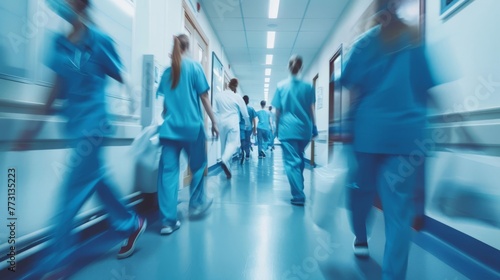 Busy clinic hall with doctors and nurses in blue scrubs. Healthcare Professionals, medical staff, hospital team