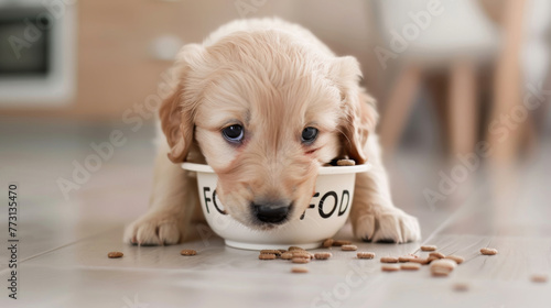 A golden retriever puppy eats from a bowl labeled "FOOD".