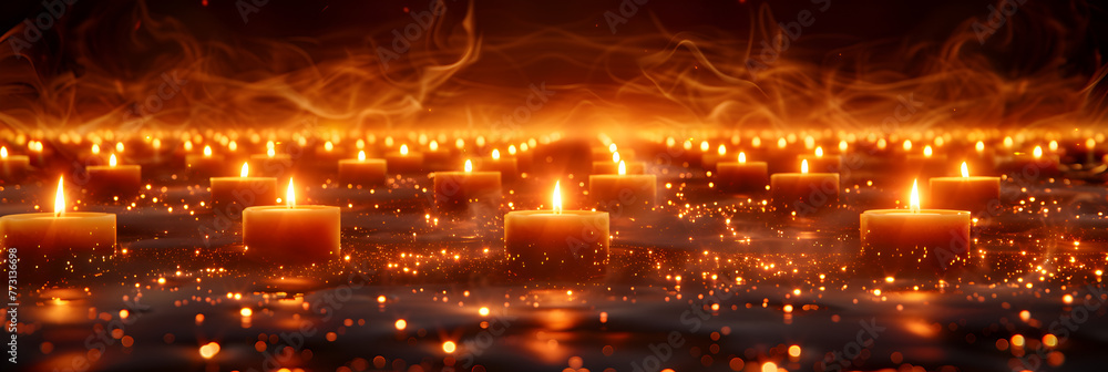 A huge number of lit candles arranged in neat rows,
Rows of illuminated candles  3d image