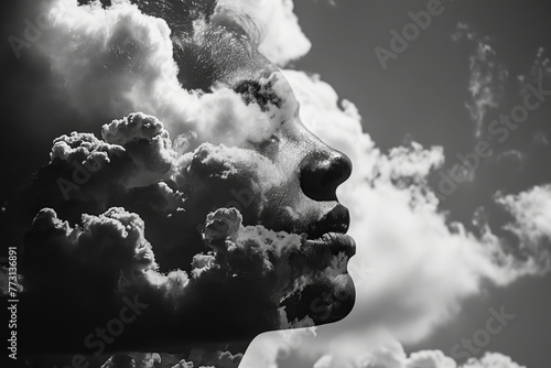 Monochromatic dreamscape where clouds sculpt thoughts in a sky of silent stories, a visual echo of contemplation.

