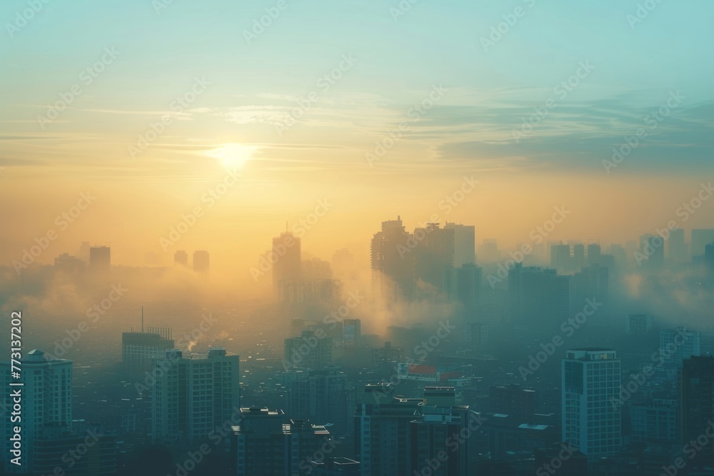 Air pollution shrouds city in toxic haze, PM 2.5 particles create smoggy skyline, hazardous air quality engulfs urban landscape, respiratory health at risk from polluted atmosphere.