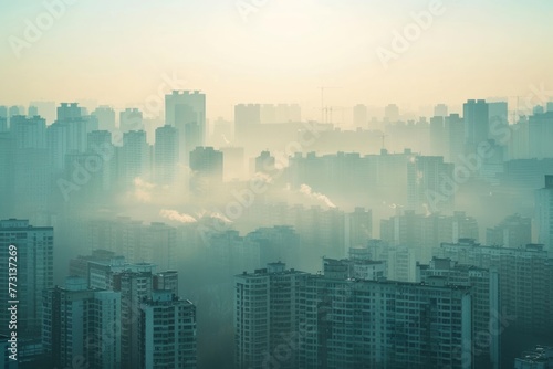 Air pollution shrouds city in toxic haze, PM 2.5 particles create smoggy skyline, hazardous air quality engulfs urban landscape, respiratory health at risk from polluted atmosphere.