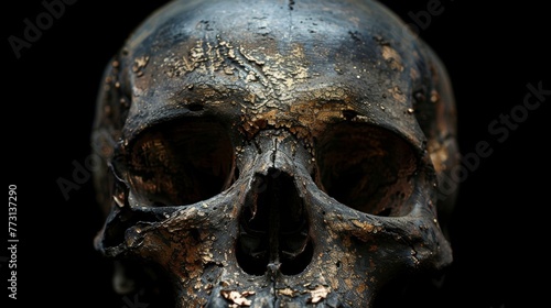 The dark skull sat menacingly on the mantle, casting eerie shadows across the room. photo