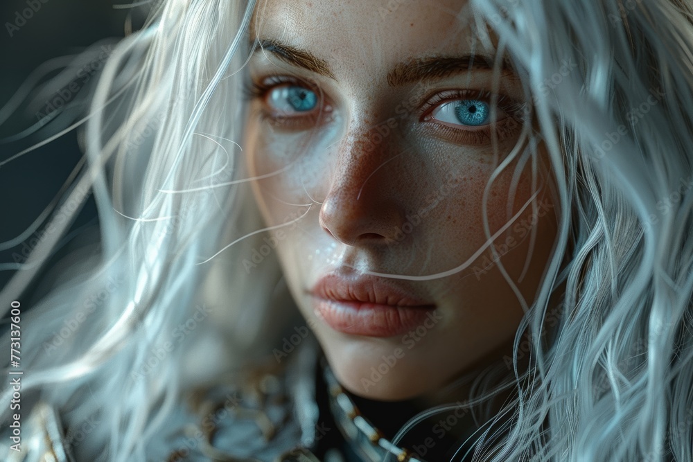 3D rendered portrait of a fierce dark elf warrior with white flowing ...