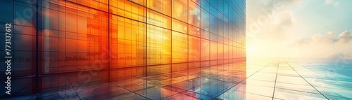 The sleek glass facade of the business tower glistens as the sun's rays dance across its surface.