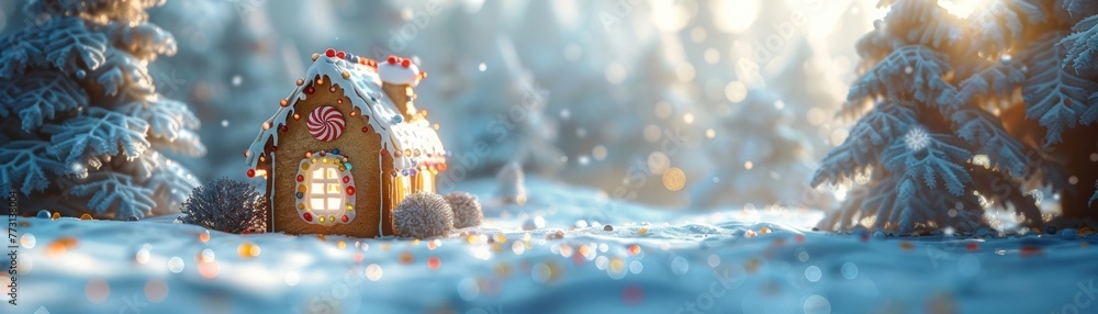 Gingerbread house covered in candy, deep in the snow-covered forest. Gingerbread house covered in candy, deep in the snow-covered forest.