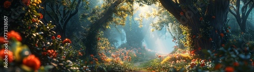 Magical paradise with lush greenery  mystical flora  and enchanting archway. Dreamy woodland bathed in golden light. Enchanted 3D realm.