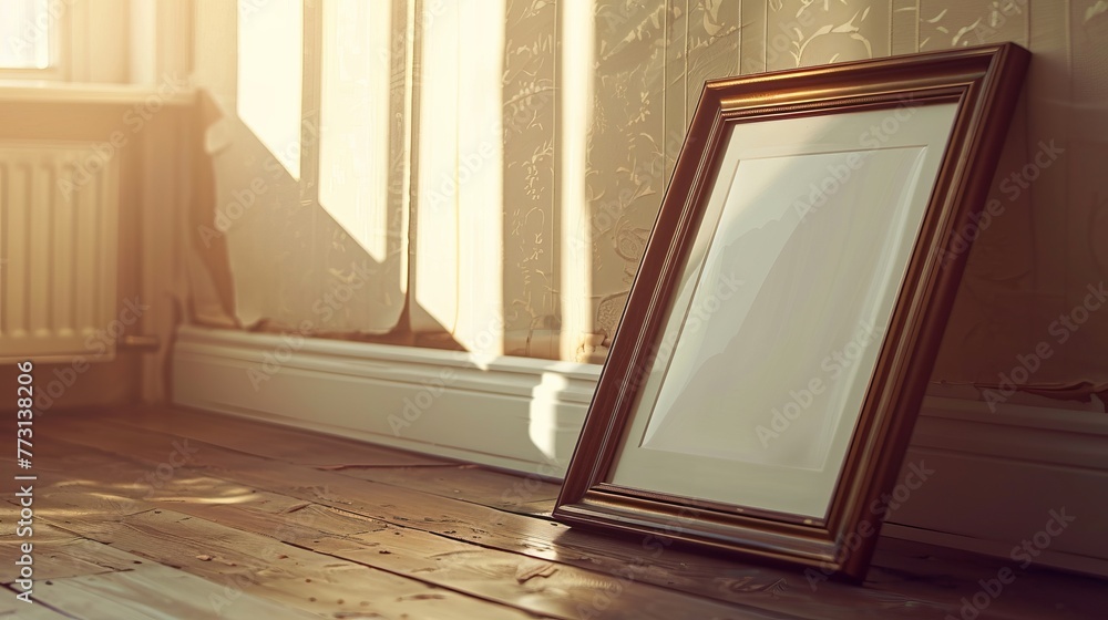 A framed picture is sitting on a wooden floor A framed picture is sitting on a wooden floor