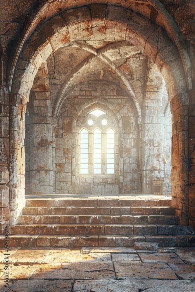 Grand stone platform extending through an arched doorway in a fantasy medieval castle interior, 3D rendered.