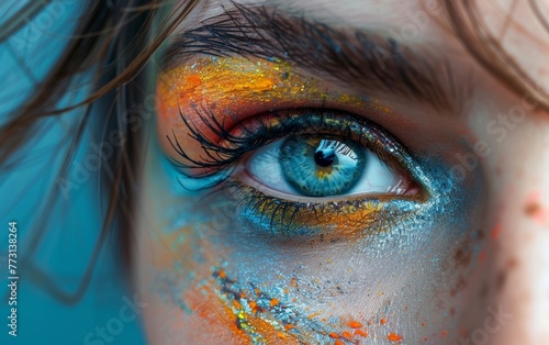 The model's eye pops with vibrant shades of dazzling artistry, captured in an intimate close-up shot.