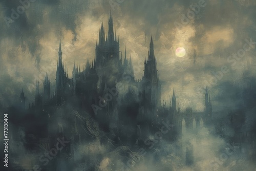 A dark and mysterious castle floats among the clouds, its gothic spires reaching up to the sky in a hauntingly beautiful display of architectural wonder. photo