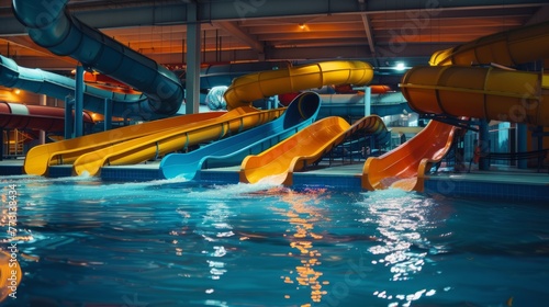A pool with a slide in the middle and two slides on either side