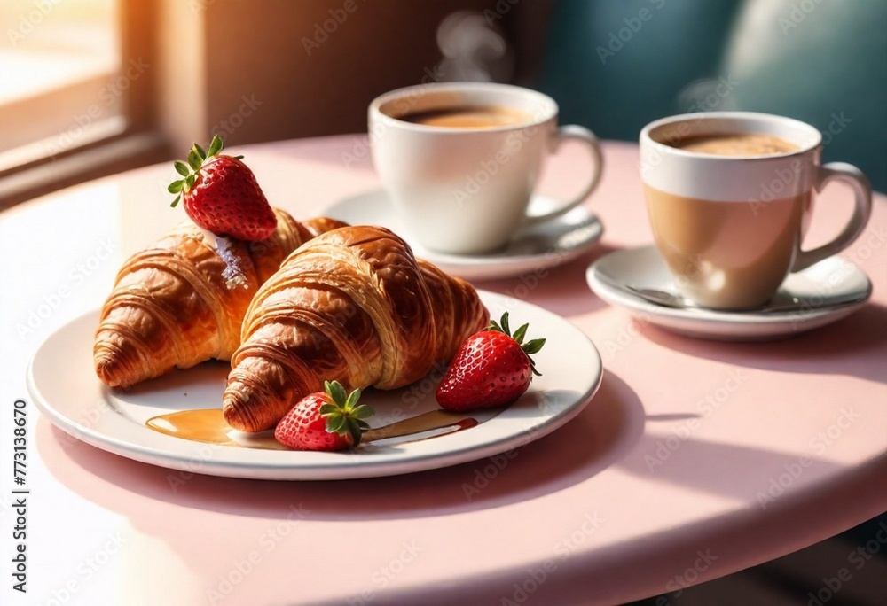 breakfast with croissant and coffee breakfast with croissant and coffee