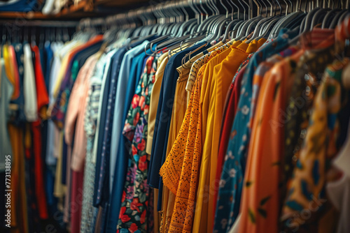 close up of colorful dresses in second hand shop