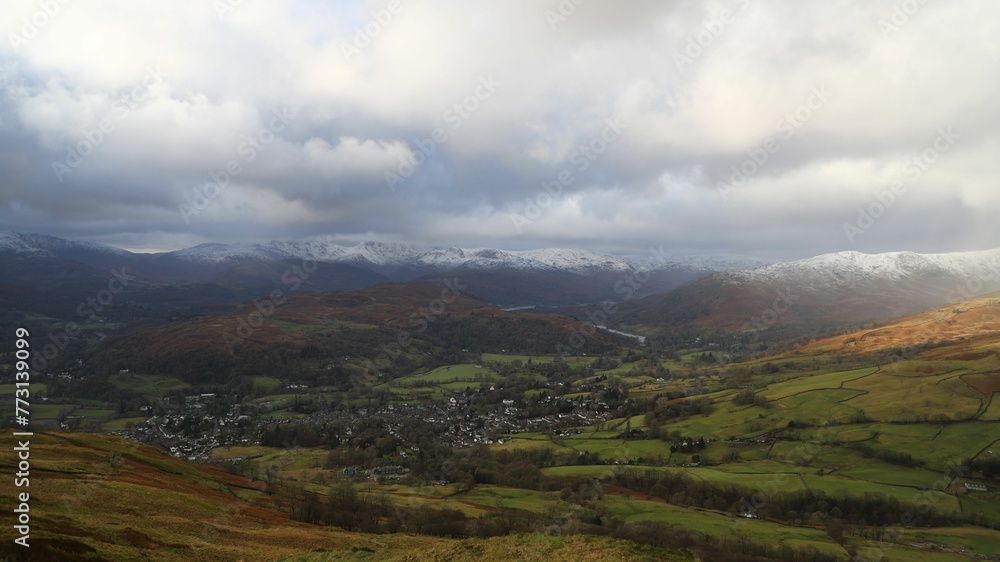 a view of a small village in a big country with mountains in Windermere