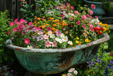 Reused garden design ideas. Old basin turn into garden flower pots. Recycled garden design, diy and low-waste lifestyle
