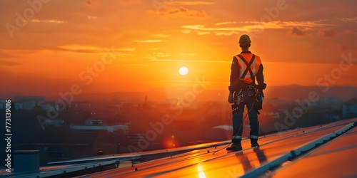 Worker in safety gear takes a daring sunset selfie atop a building during essential maintenance work. Concept Sunset selfie, Safety gear, Building maintenance, Worker, Daring pose