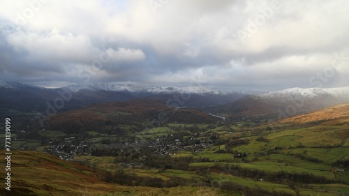 a view of a small village in a big country with mountains in Windermere
