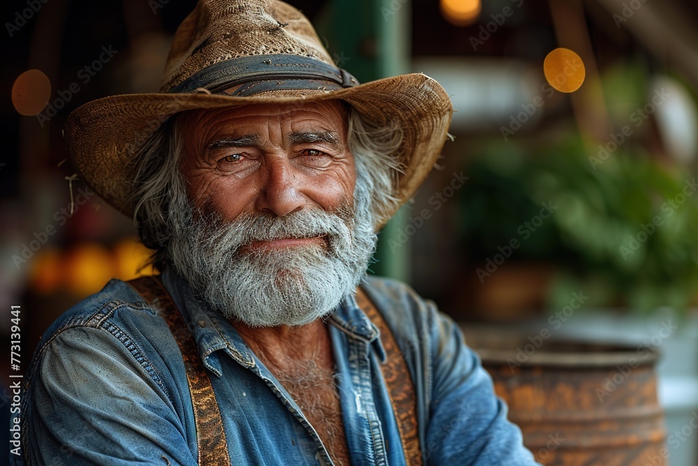 Portrait of an old male farmer smiling on a farm