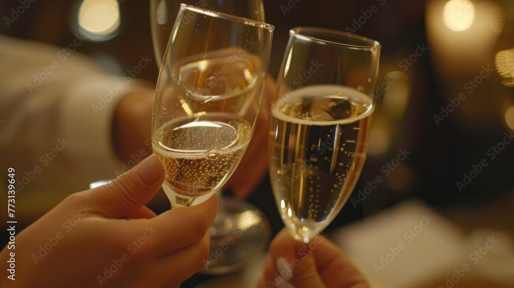 Close up of people holding glasses of champagne making a toast, festive New Year's toast with wishes of happiness Close up of people holding glasses of champagne making a toast, festive New Year's toast with wishes of happiness