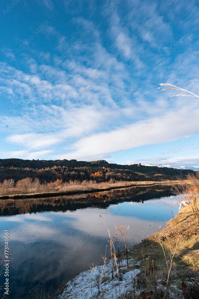 Fototapeta premium Tranquil river flows through the natural landscape in Iceland, surrounded by small rocks and trees