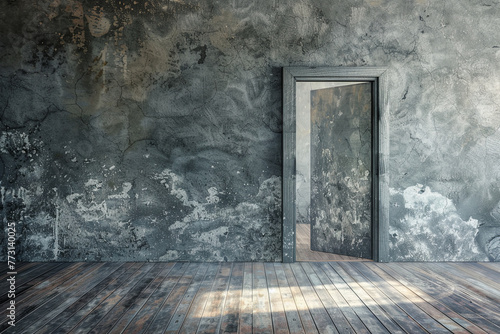 Opened door. Abstract interior backgrounds with wooden floor and concrete wall
 photo