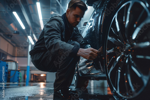 Male repairing car in bright room