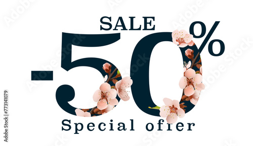 Spring sale offer 50 percentage, flyer save season. Vector illustration