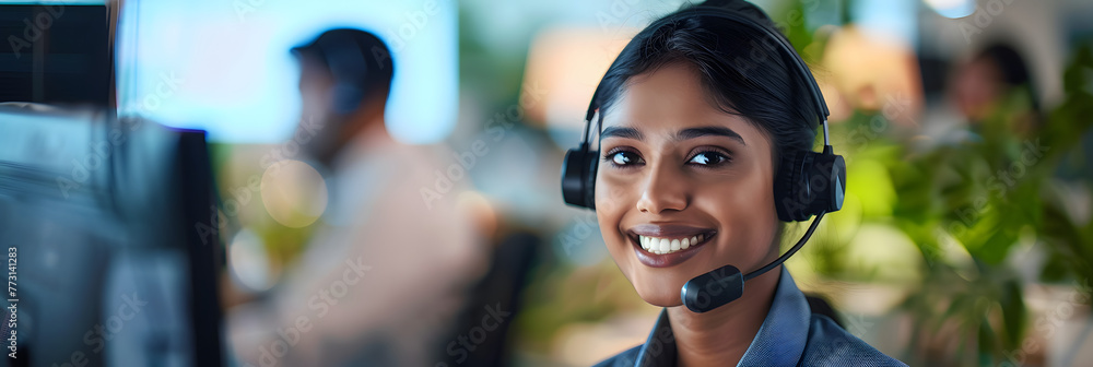 Smiling indian ethnicity call center representative taking phone calls, support hotline woman, tech support specialist online Smiling indian ethnicity call center representative taking phone calls, support hotline woman, tech support specialist online